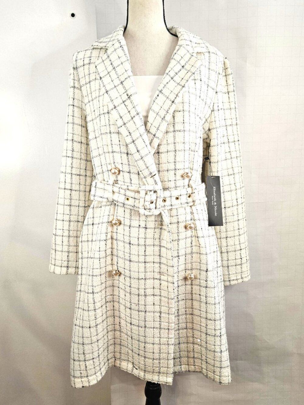 Vintage Cream-Colored Double-Breasted Mid-Weight SZ M Tweed Trench Coat